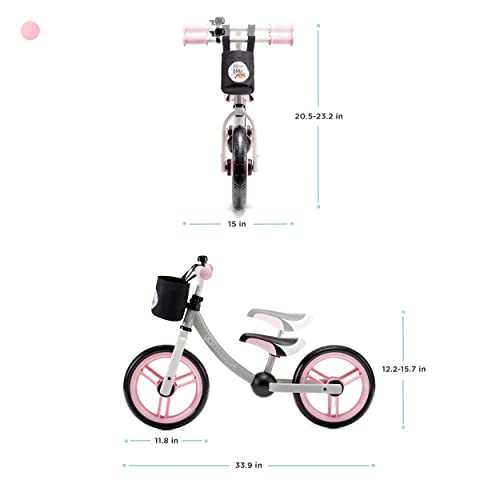 Kinderkraft Balance Bike 2WAY Next, Lightweight First Bicycle, No Pedals, 12 inches Wheels, with Ajustable Seat, Accessories, Bag, Bell, for Toddlers, for 2 3 4 5 Years Old Kids Toddlers, Pink