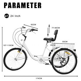 Adult Tricycle Three Wheel Bikes - Mimxfor 7 Speed 24 Inch Bike with Large Basket, 3 Wheel Bikes Adult Tricycles for Adults Women, 350Lb Max Load, White Tricycle for Adults 5.1' to 5.9' Tall