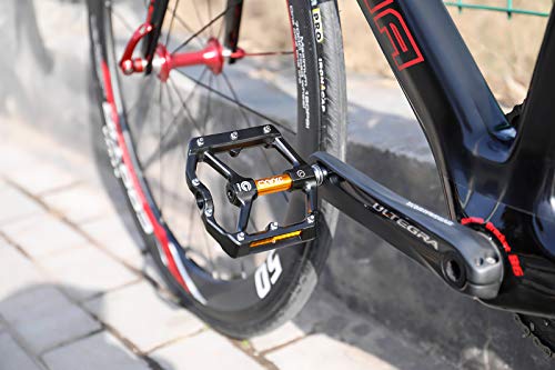 CXWXC Road/MTB Bike Pedals - Aluminum Alloy Bicycle Pedals - Mountain Bike Pedal with Removable Anti-Skid Nails (Black-Orange)