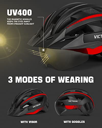 VICTGOAL Bike Helmet for Men Women with Led Light Detachable Magnetic Goggles Removable Sun Visor Mountain & Road Bicycle Helmets Adjustable Size Adult Cycling Helmets (L: 57-61 cm, Black Red)