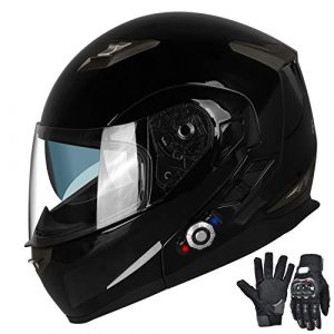 FreedConn Motorcycle Bluetooth Helmet,Bluetooth Integrated Modular Flip up Full Face Motorcycle Helmet,Dual Visor Modular Bluetooth Helmet,DOT Approved Helmets with Gloves(Gloss Black,Medium)