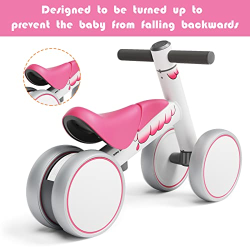 YMINA Baby Balance Bike for 1 Year Old No Pedals Toddler Bike Children Walker 4 Wheels Bicycle with Adjustable Seat and Handlebar Indoor Outdoor for 10-36 Months Boy Girl (White Pink)