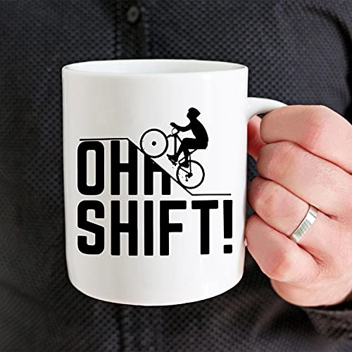 Hasdon-Hill Oh Shift Cycling Coffee Mug, Cool Triathlon Biking Rider Gift with Bicycle, Bike Lover or Cyclist Who Loves Riding Bikes Uphill In Trail, 11 OZ Fine Bone China White