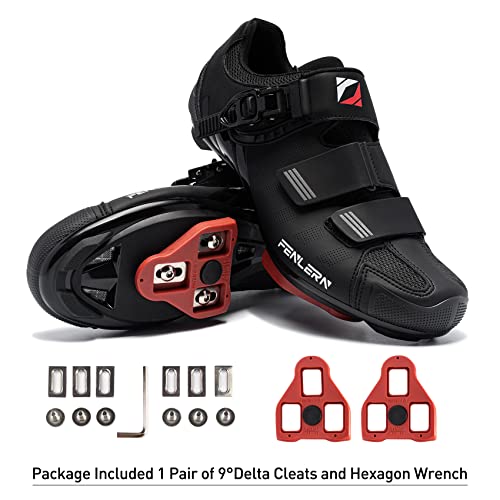 FENLERN Men's Cycling Shoes Compatible with Peloton Road Bike Shoes Indoor Riding Excerise Ratchet Buckle Outdoor Included Cleats (11, Black)