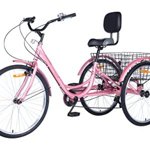 SZN Upgraded Adult Tricycles 7 Speed, Adult Tricycle Trike with 24 or 26 Inch Wheels, 3 Wheel Bikes for Women Seniors Featuring Forward Pedals/Shopping Basket/Backrest Saddle, Pink