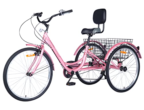 SZN Upgraded Adult Tricycles 7 Speed, Adult Tricycle Trike with 24 or 26 Inch Wheels, 3 Wheel Bikes for Women Seniors Featuring Forward Pedals/Shopping Basket/Backrest Saddle, Pink