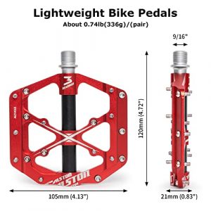 Alston 3 Bearings Mountain Bike Pedals Platform Bicycle Flat Alloy Pedals 9/16" Pedals Non-Slip Alloy Flat Pedals (Red 3 Bearings)