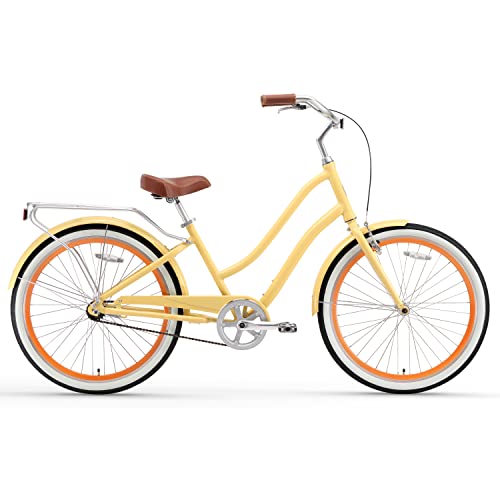 sixthreezero EVRYjourney Women's 7-Speed Step-Through Hybrid Cruiser Bicycle, 26" Wheels with 17.5" Frame, Cream with Brown Seat and Grips, Model:630034