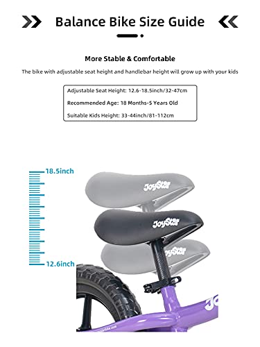 JOYSTAR Kids Balance Bike for 1.5-5 Years Old Boys & Girls, 12 Inch Toddler Starter Bikes, Lightweight Steel Frame & Air-Free Tires, Purple