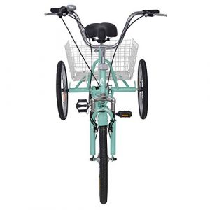 MOPHOTO Adult Folding Tricycle 7 Speed 20/24/26 Inch Adult Tricycles Three Wheel Bike Cruiser Trike with Low-Step Through Frame/Large Basket/Adjustable Seat (Cyan Green, 24