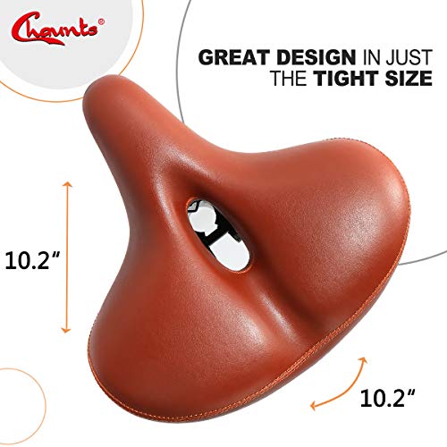 Chaunts Bike Seat - Most Comfortable Wide Bike Saddle for Women Men, Soft Memory Foam Oversized Bicycle Seats, Dual Shock Absorbing, Universal Fit for Indoor/Outdoor Bikes (Brown)