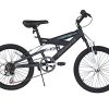 Dynacraft Air Zone Dual Suspension Mountain Bike Boys 20 Inch Wheels with 6 speed Grip Shiter and Dual Hand Brakes in Black and Blue