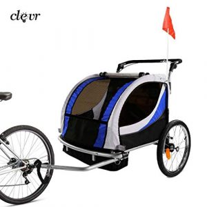 Clevr Deluxe 3-in-1 Double 2 Seat Bicycle Bike Trailer Jogger Stroller for Kids Children | Foldable w/Pivot Front Wheel, Blue