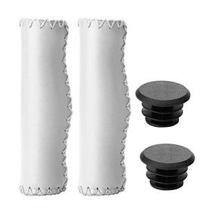 1 Pair PU Leather Bike Handlebar Grips, Vintage Anti-Slip Hand-Stitched Bike Beach Cruiser Handle Bar Grips with Plug for MTB BMX Road Mountain Bicycle, Fits Most 7/8