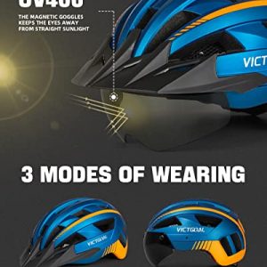 VICTGOAL Bike Helmet with USB Rechargeable Rear Light Detachable Magnetic Goggles Removable Sun Visor Mountain & Road Bicycle Helmets for Men Women Adult Cycling Helmets (Blue)
