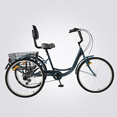 Sibosen Upgraded Adult Tricycle, Three Wheel Cruiser Bike 20-Inch 24-Inch and 26-Inch 3 Wheel Bike Trike, 7 Speeds, Wide Backrest Seat, Large Cargo Basket (Malachite Blue, 26"/7-Speed)