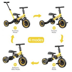 newyoo 5 in 1 Toddler Tricycle with Parent Steering Push Handle for 1,2,3 Years Old Boys and Girls, Kids Push Trike, Toddler Bike with Removable Pedals, Adjustable Seat and Handle, Yellow