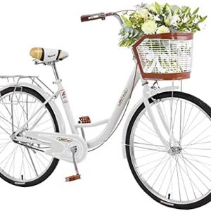 XianNv Complete Cruiser Bikes, 26 Inch Beach Bike for Women - Classic Retro Bicycler Bicycle with Baskets & Rear Racks, Comfortable Commuter Bicycle for Leisure Picnics & Shopping (White)