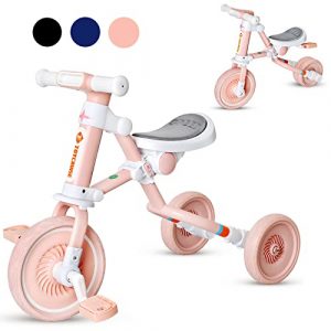 3 in 1 Kids Tricycle for Age 18 Months to 4 Years Old Kids, Toddler Baby Balance Bike - Folding Trike for Boys and Girls - Adjustable Seat - Convertible Rear Wheels - Removable Pedals(Pink)