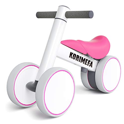 KORIMEFA Baby Balance Bike 23inch,Age 1-2,Adjustable Handlebar and Seat,4 Wheels Balance Training Bike 1 Year Old Boys Girls,Indoors and Outdoors Baby Riding Toy,No Pedal(Pink White)