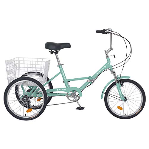 Slsy Adult Folding Tricycles, 7 Speed Folding Adult Trikes, 20 Inch 3 Wheel Bikes with Low Step-Through, Foldable Tricycle with Basket for Adults, Women, Men, Seniors. (Soft Green, 24" Tire 7-Speed)
