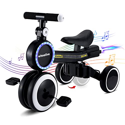 Wheelive Baby Balance Bike, Toddler Tricycles Bike for 10 -36 Months, 5 in 1 Kids Tricycles with Music and Spray for 1 Year Old Boys Girls First Birthday with Adjustable Wheels Training