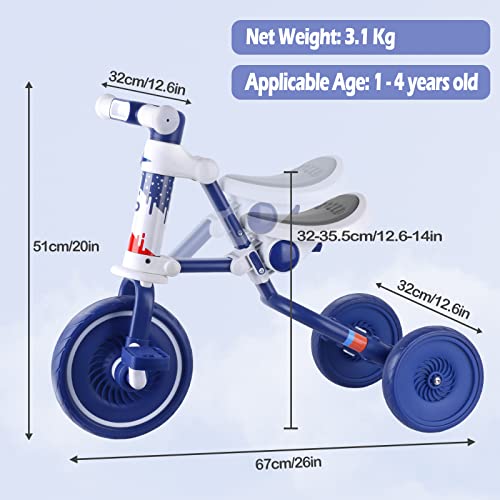 Lipneaed 3 in 1 Toddler Tricycles for 1-4 Years Old Kids, Trike for Boys Girls Baby Balance Bike with Adjustable Seat Height Convertible Rear Wheels and Removable Pedal-Blue