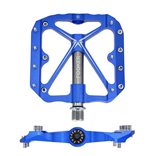 FOOKER Mountain Bike Pedals Non-Slip Bike Pedals Platform Bicycle Flat Alloy Pedals 9/16 Needle Roller Bearing (Blue IT Needle Roller Bearing)
