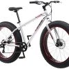 Mongoose Malus Adult Mountain Fat Tire Bike, 26-Inch Wheels, 7-Speed, Twist Shifters, Steel Frame, Mechanical Disc Brakes, Silver/Red