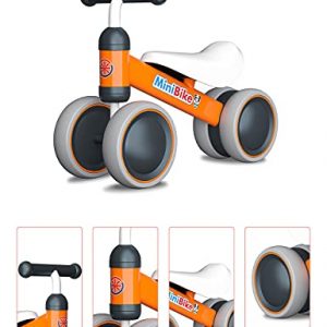Baby Balance Bikes 10-24 Month Toddler Walker | Toys for 1 Year Old Boys Girls | No Pedal Infant 4 Wheels Kids Bicycle | Best First Birthday New Year Holiday Orange