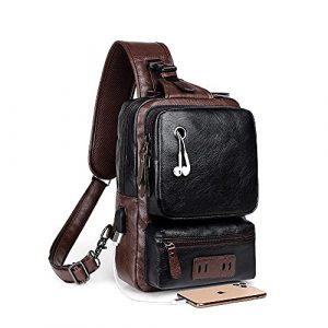 Small Black Sling Crossbody Backpack Shoulder Bag for Men Women Vintage PU Leather CrossBody One Strap Casual Sling Backpack Cycling USB Charger