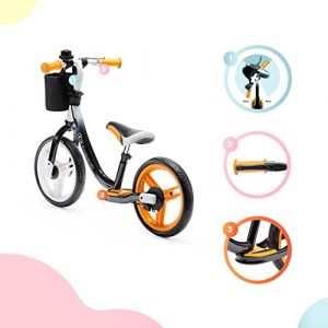 Kinderkraft Balance Bike Space, Kids First Bicycle, No Pedals, 11 inches Wheels, with Ajustable Seat, Footrest, Accessories, Bag, Bell, for Toddlers, from 2 Years Old to 77 lbs, Orange