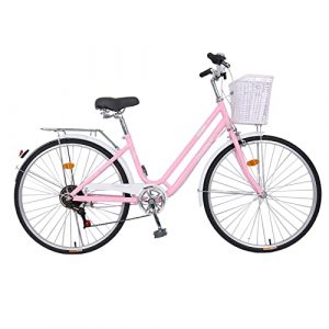 Munieniu 26 Inch Classic Beach Bicycle, 7 Speed Womens Cruiser Bike, Comfortable Retro Bike for Lady Outdoor Commuting, Bike Road Bike Seaside Travel Cruiser Bicycle with Basket (Pink)
