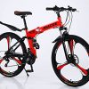 Kingtowag 24in Mountain Bike 3-Spoke Folding Bike 21-Speed Full Suspension Anti-Slip Double Disc Brake Bicycle for Men/Women Red(US Stock)