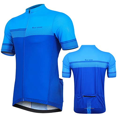 West Biking Men's Cycling Jersey Short Sleeve Full Zipper Summer Biking Shirts Breathable Quick Dry Clothing with 4 Pockets Blue