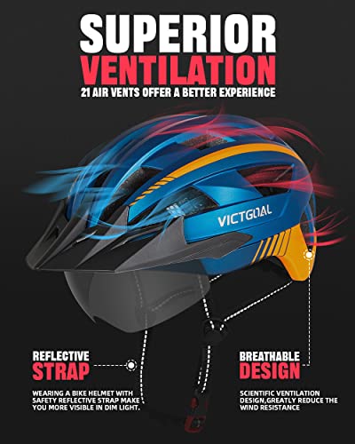 VICTGOAL Bike Helmet with USB Rechargeable Rear Light Detachable Magnetic Goggles Removable Sun Visor Mountain & Road Bicycle Helmets for Men Women Adult Cycling Helmets (Blue)