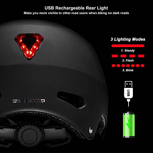 BASE CAMP Bike Helmet with Rechargeable Light, Visor, Dual Certified Men Women Bicycle Helmet for Adults Cycling Skateboard Skating Scooter Commute (Black)