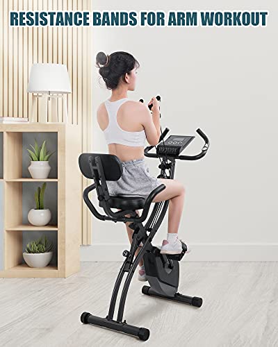 Exercise Bike Folding Stationary Bike Magnetic Recumbent 3-in-1 Cycling Slim Bike with Arm Resistance Bands & LCD Monitor for Men and Women Indoor Outdoor, black, 32 x 19 x 39 inches