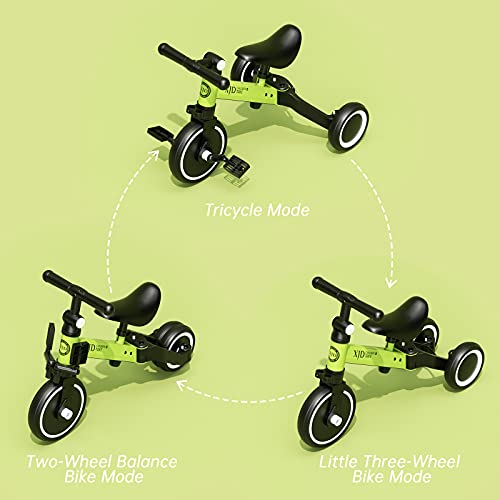 XJD 3 in 1 Kids Tricycles for 10 Month to 3 Years Old Kids Trike Toddler Bike Boys Girls Trikes for Toddler Tricycles Baby Bike Infant Trike with Adjustable Seat Height and Removable Pedal（Green）