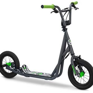 Mongoose Expo Youth Scooter, Front and Rear Caliper Brakes, Rear Axle Pegs, 12-Inch Inflatable Wheels, Green/Grey