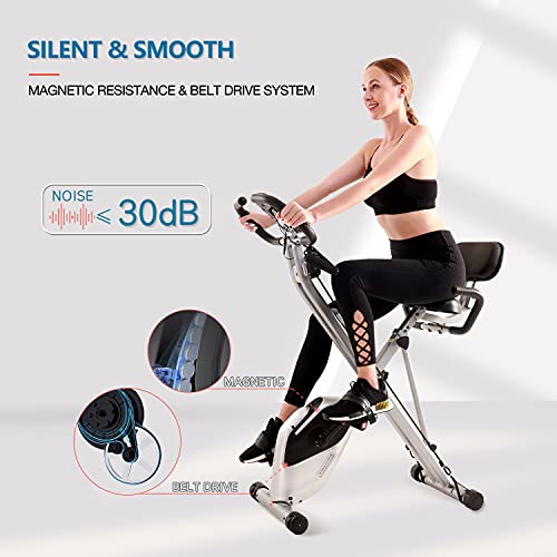 Davcreator Foldable Fitness Exercise Bike, Magnetic Folding Indoor Exercise Bicycle, 2-in-1 Recumbent & Upright Stationary Bike with Arm Workout for Home