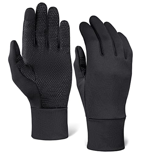 Touch Screen Running Gloves - Black Winter Glove Liners for Texting, Cycling, Driving, Exercise & Sports - Thin, Lightweight & Warm Cold Weather Thermal Touchscreen Gloves - Super Grippy Palm