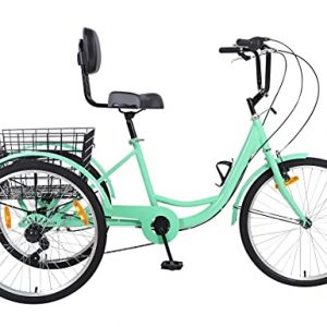 Ey Adult Tricycle, 3 Wheel Bike Adult, Three Wheel Cruiser Bike 24 26 inch Wheels with Basket, 7 Speed, Adjustable Seat and Handlebar, Multiple Colors, Mint Green