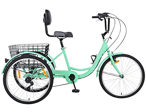 Ey Adult Tricycle, 3 Wheel Bike Adult, Three Wheel Cruiser Bike 24 26 inch Wheels with Basket, 7 Speed, Adjustable Seat and Handlebar, Multiple Colors, Mint Green