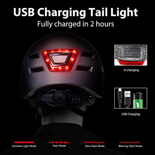 GTSBROS Bike Helmet with USB Rechargeable Lights and Rear LED Light for Urban Commuter Adjustable for Men/Women（Black）