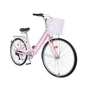 Munieniu 26 Inch Classic Beach Bicycle, 7 Speed Womens Cruiser Bike, Comfortable Retro Bike for Lady Outdoor Commuting, Bike Road Bike Seaside Travel Cruiser Bicycle with Basket (Pink)