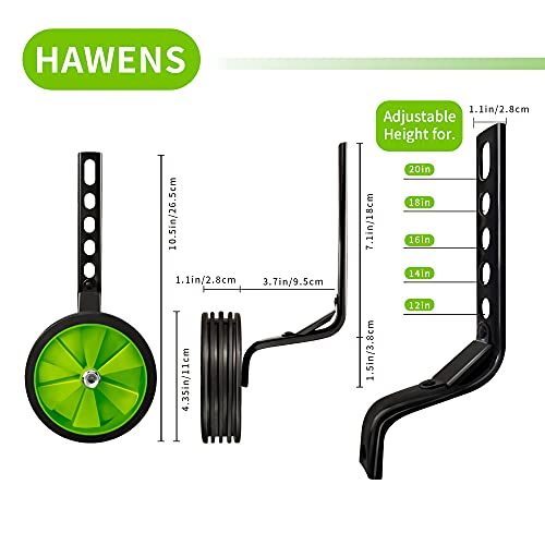 HAWENS Training Wheels, Bike Training Wheels with Stronger Version Heavy Duty Rear Adjustable Bicycle Stabilizer Mounted Kit, fit for 12, 14, 16, 18, 20 inch Kids' Single Speed Bike (Green)