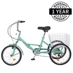 MOPHOTO Adult Folding Tricycle 7 Speed 20/24/26 Inch Adult Tricycles Three Wheel Bike Cruiser Trike with Low-Step Through Frame/Large Basket/Adjustable Seat (Cyan Green, 24