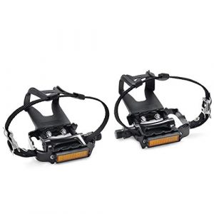 NEWSTY Bike Pedals with Clips and Straps for Outdoor Cycling and Indoor Stationary Bike 9/16-Inch Spindle Resin/Alloy Bicycle Pedals Black