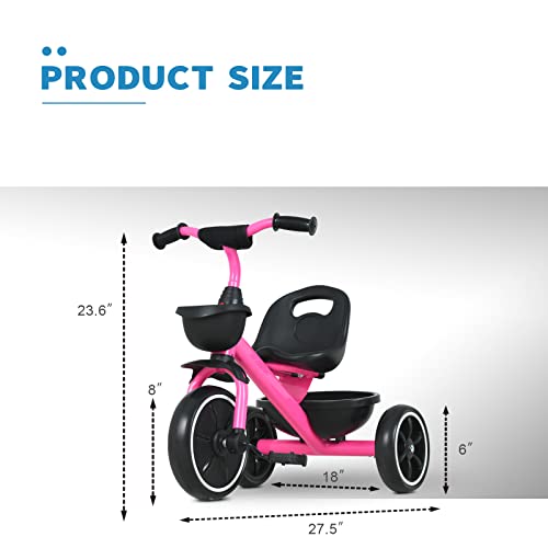 Toddler Tricycle Kids Trike for 3-5 Years Boys & Girs W/ Super Large&Comfortable Seat 3 Lever Adjustable 8”Wheels W/ Great Traction, Pink